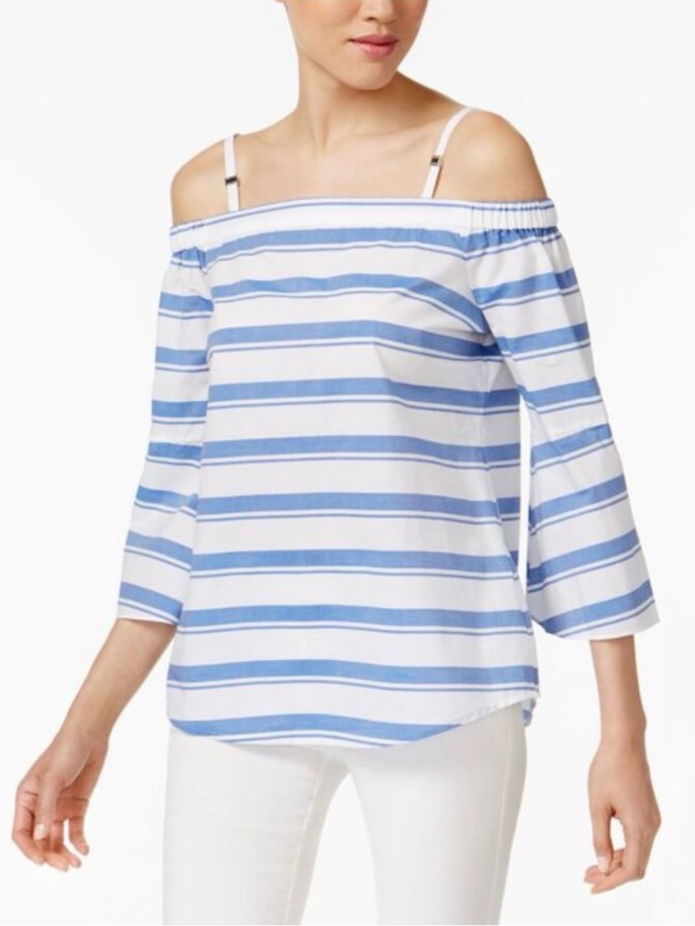 Calvin Klein Striped Off-Shoulder Blue & White Top